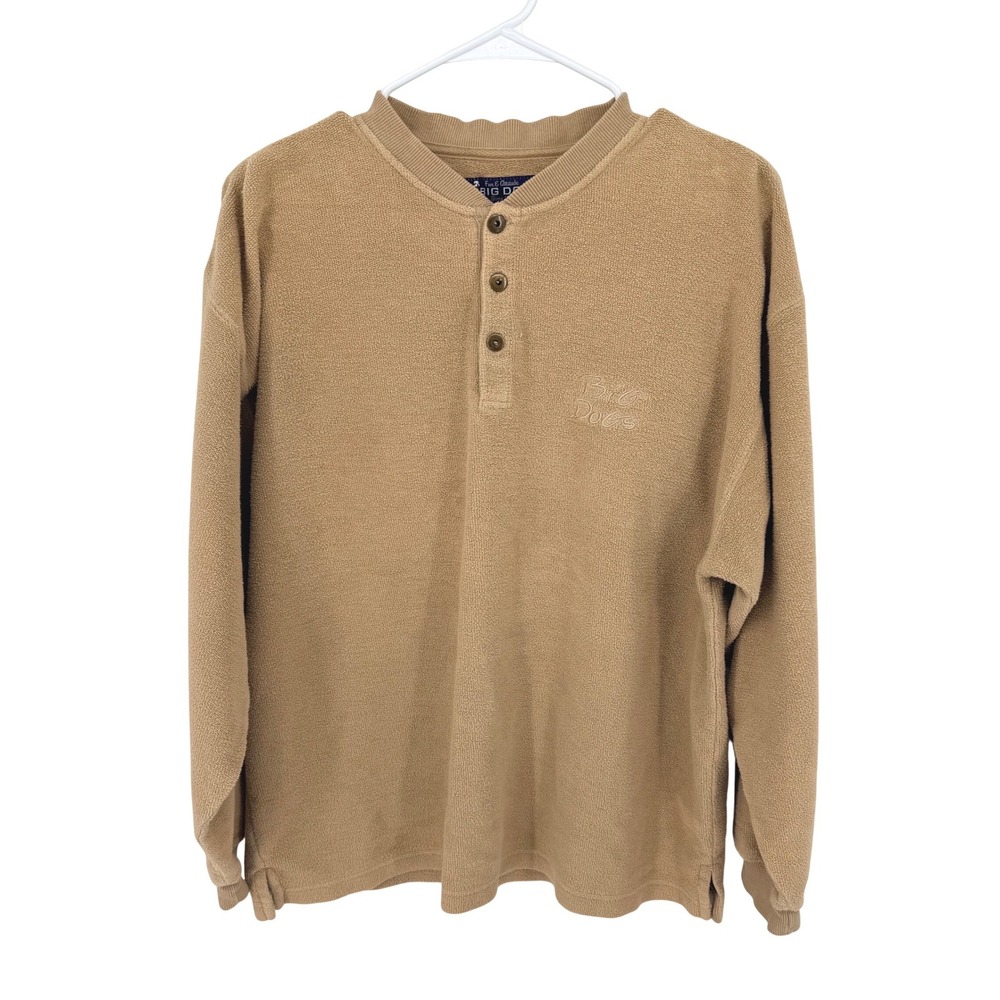Vtg BIG DOGS Fleece Henley‎ Pullover Mens Small Tan Long Sleeve Sweatshirt Cozy